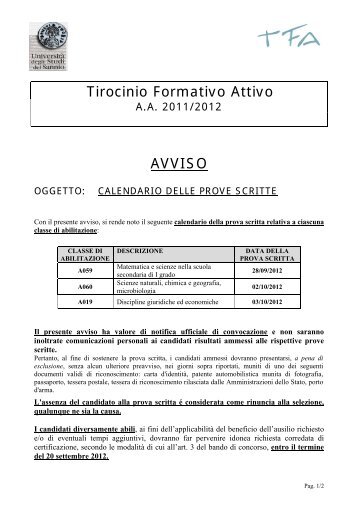 calendario delle prove scritte