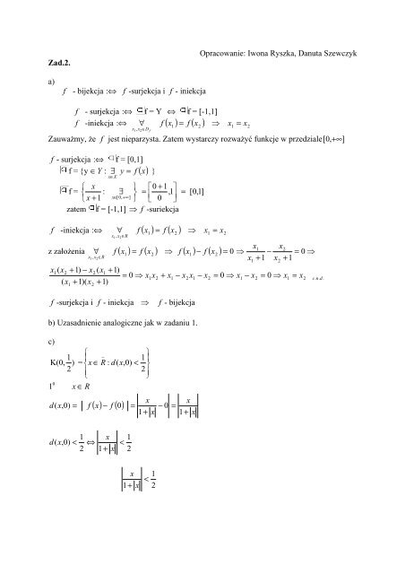 Opracowanie: Iwona Ryszka, Danuta Szewczyk Zad.2. a) f - bijekcja ...