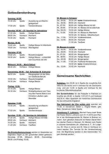 Gottesdienstordnung Gemeinsame Nachrichten - ww.kgv-spelle.de