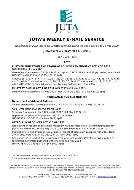 Download the PDF version of Juta's Weekly Statutes ... - Juta - Law