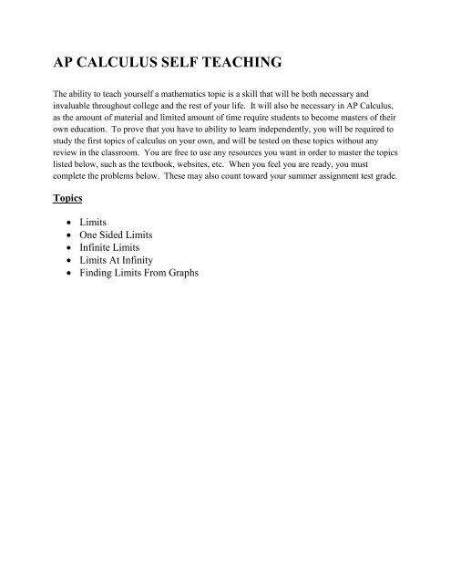 AP Calculus Summer Assignment, 2013-14 (pdf) - Cresskill Public ...