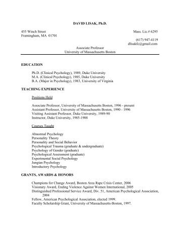 CV of Dr. David Lisak - Terry Williams Clemency