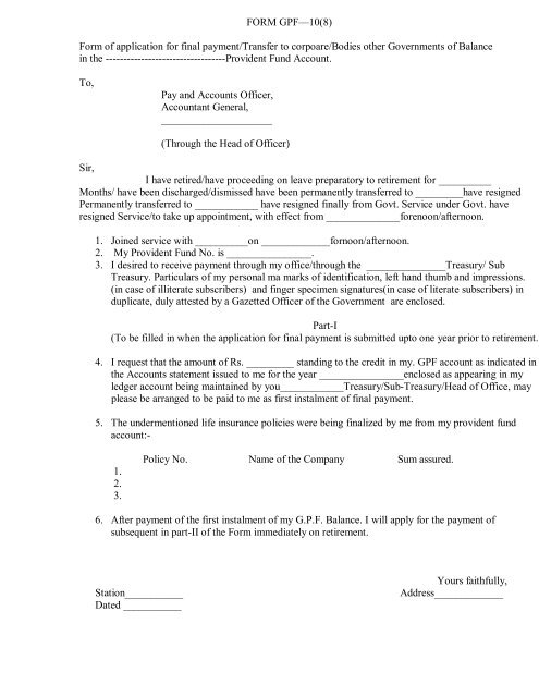 Gpf Application Form Download Gpf Application Form Download, Form Gpf 108 Form Of Application For Final Payment Transfer To, Gpf Application Form Download