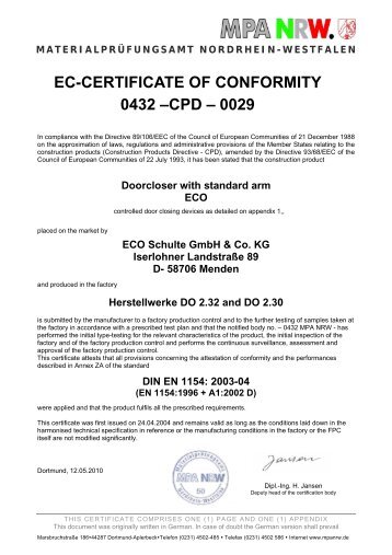 ec-certificate of conformity 0432 Ã¢Â€Â“cpd Ã¢Â€Â“ 0029 - ECO-Schulte