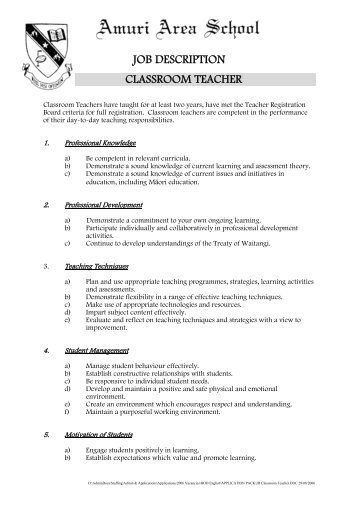 JOB DESCRIPTION CLASSROOM TEACHER - Amuri Area School
