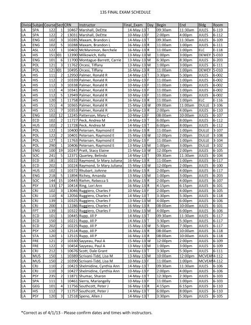 13S FINAL EXAM SCHEDULE *Correct as of 4/1/13 - Please confirm ...