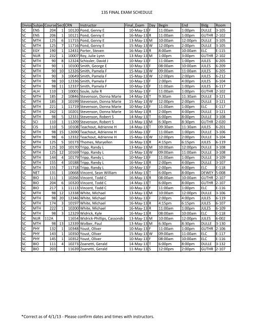 13S FINAL EXAM SCHEDULE *Correct as of 4/1/13 - Please confirm ...