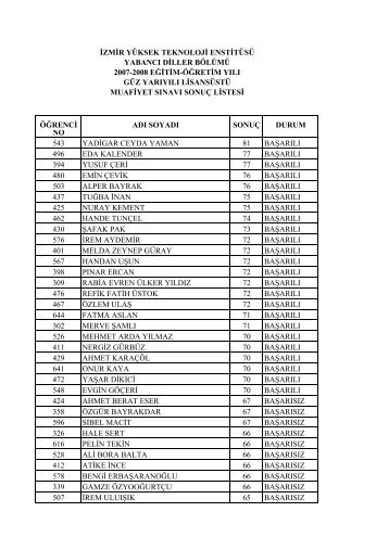 yabancı dil muafiyeti 2007-2008 - İzmir Yüksek Teknoloji Enstitüsü