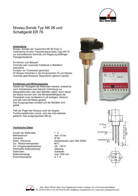 Niveau-Sonde Typ NK 06 und Schaltgerät ER 76 - Ing. Rolf Heun ...
