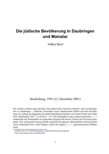 Die jÃ¼dische BevÃ¶lkerung in Daubringen und ... - tagebergen.de