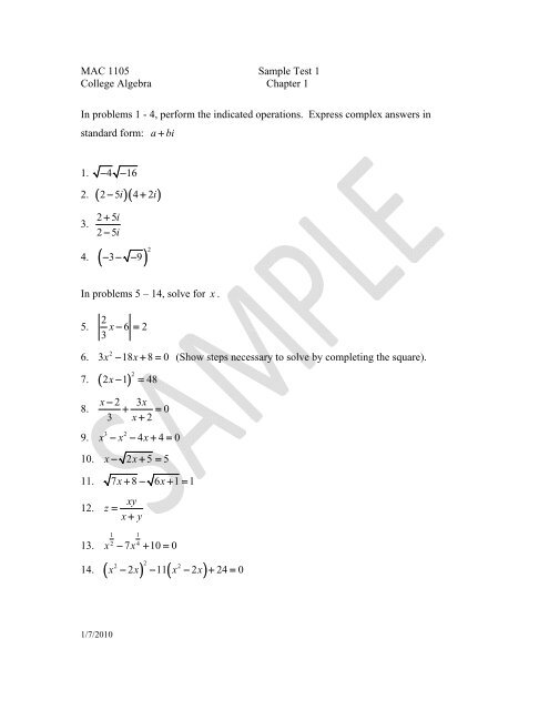 MAC 1105 Sample Test 1 College Algebra Chapter 1 In problems 1 ...