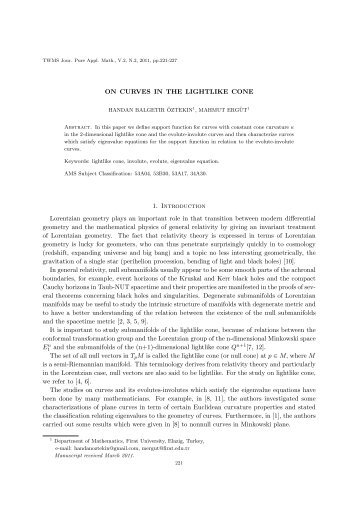 ON CURVES IN THE LIGHTLIKE CONE 1. Introduction Lorentzian ...