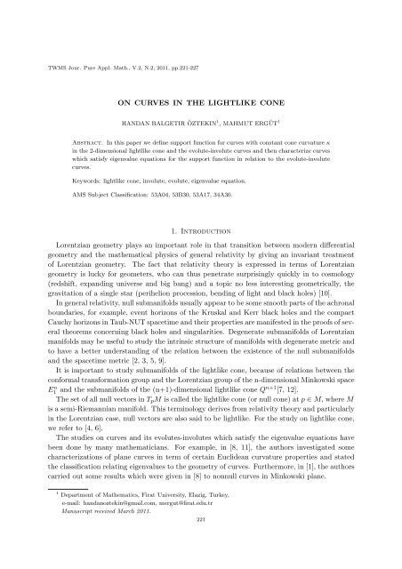 ON CURVES IN THE LIGHTLIKE CONE 1. Introduction Lorentzian ...