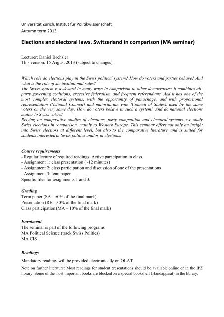 Elections and electoral laws. Switzerland in comparison (MA seminar)