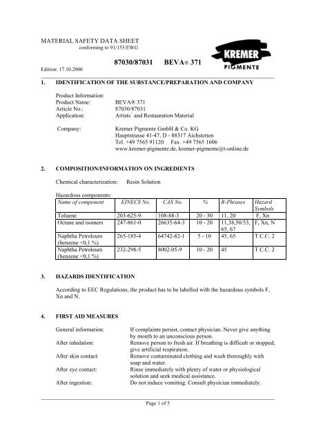 Material Safety Data Sheet (pdf) - Kremer Pigmente