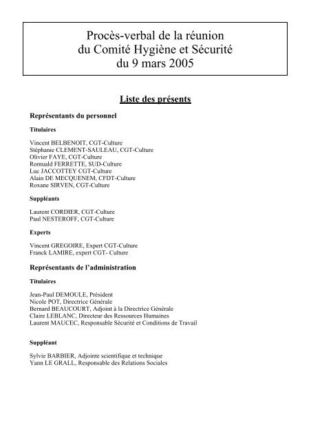 Procèsverbal de la réunion du Comité Hygiène et Sécurité  Inrap