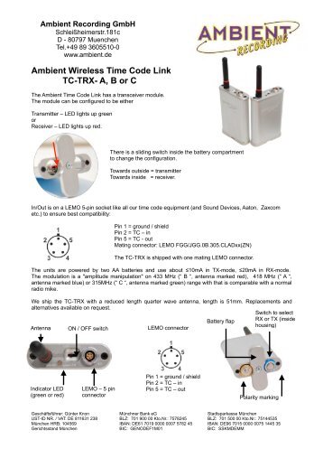 Ambient Wireless Time Code Link TC-TRX- A, B or C