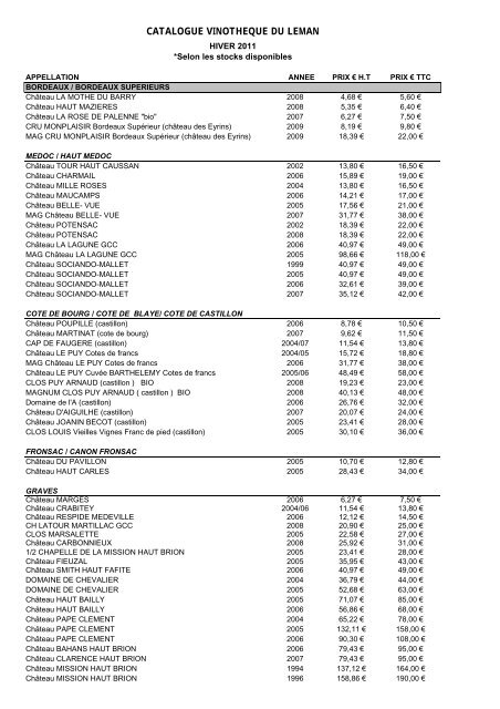 CATALOGUE VINOTHEQUE DU LEMAN