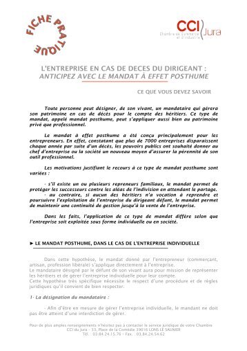 Fiche pratique juridique - L'entreprise en cas de dÃ©cÃ©s ... - CCI du Jura