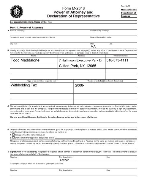 Form M-2848 Power of Attorney and Declaration of Representative