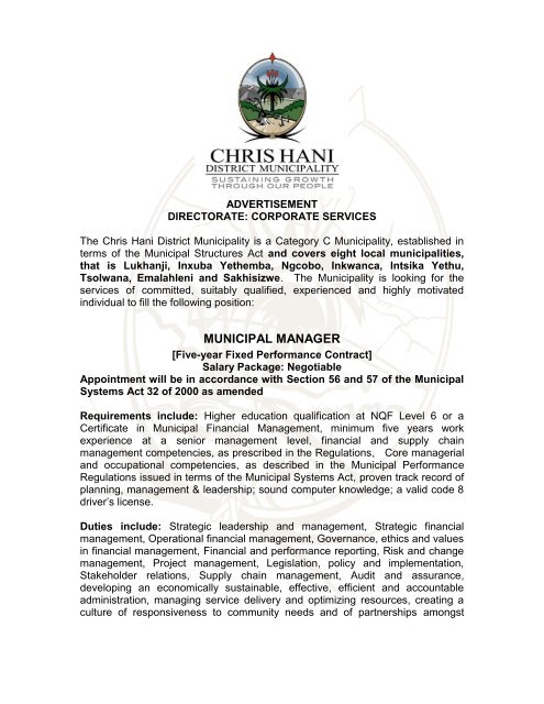 MUNICIPAL MANAGER - Chris Hani District Municipality