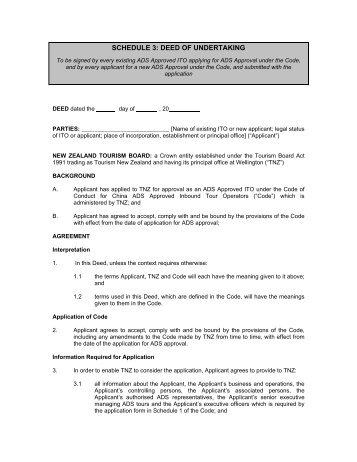 SCHEDULE 3: DEED OF UNDERTAKING - Tourism New Zealand