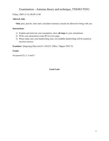 Examination --Antenna theory and technique, TNE083/TEN1