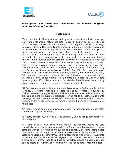Trascripción del texto del testamento de Manuel Belgrano ...