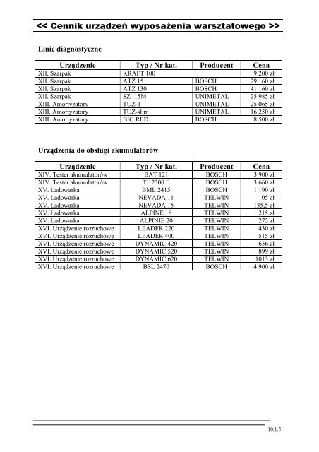 << Cennik urz?dze? wyposa?enia warsztatowego >> - Inter Team