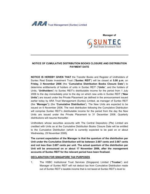 Notice of Cumulative Distribution Books Closure and ... - Suntec REIT