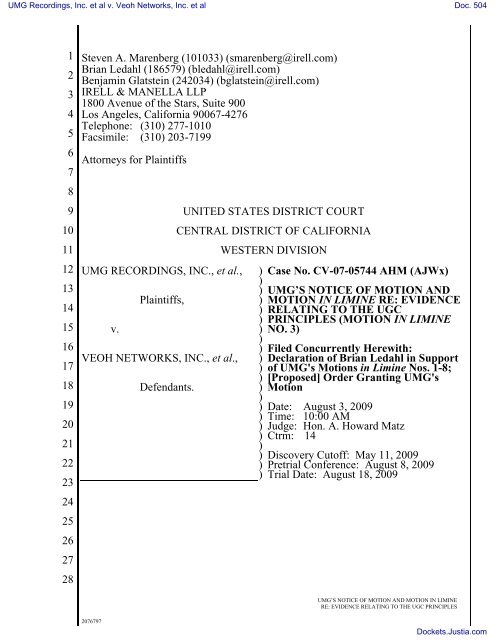 NOTICE OF MOTION AND MOTION IN LIMINE (#3) to - Justia