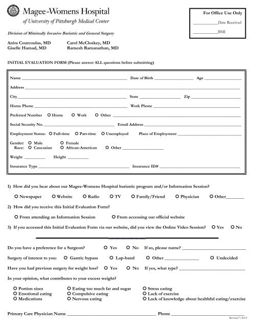 Magee-Womens Hospital Initial Evaluation Form - UPMC.com