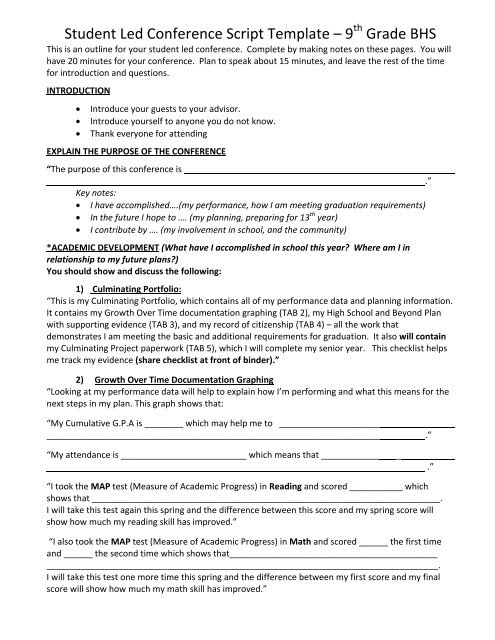 Student Led Conference Script Template A A A 9 Grade Bhs