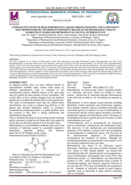 Sani Ali. Audu et al. IRJP 2012, 3 (8) INTERNATIONAL RESEARCH ...