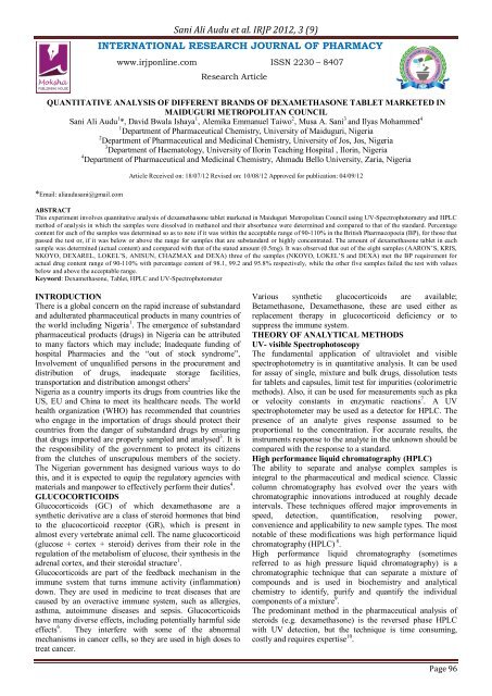 Sani Ali Audu et al. IRJP 2012, 3 (9) INTERNATIONAL RESEARCH ...