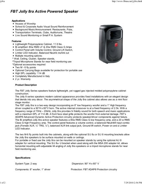 FBT Jolly 8ra Active Powered Speaker - AVsuperstore.com