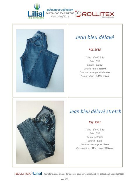 Pantalons Jeans bleus pour Handi ROLLITEX by LILIAL