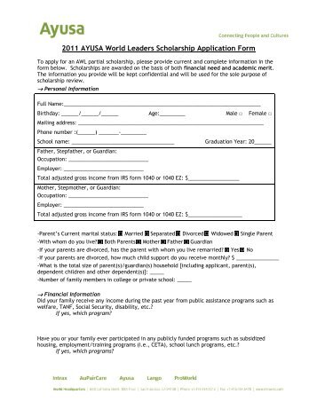 2011 AYUSA World Leaders Scholarship Application Form - Intrax