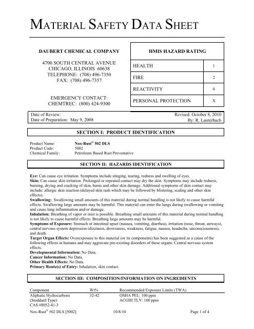 NOX RUST 502 DLS MSDS - Daubert Chemical Company, Inc.