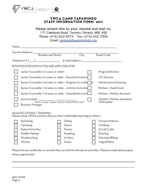 Staff Application Form Ywca Toronto