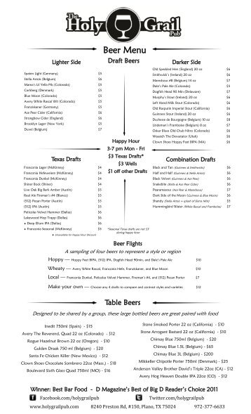 Beer Menu - the Holy Grail Pub