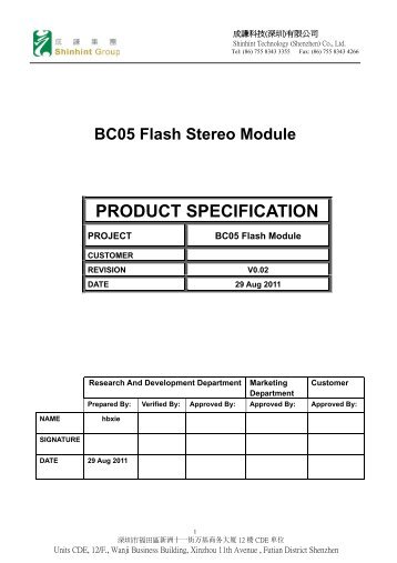 BC05 Flash Stereo Module PRODUCT SPECIFICATION - Bluetooth