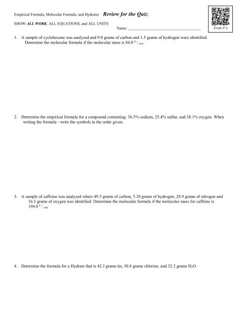 REVIEW SHEET for the QUIZ - Avon Chemistry