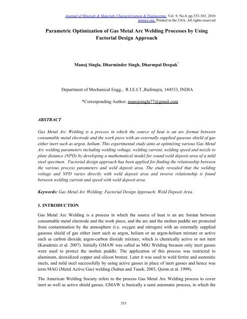 Parametric Optimization of Gas Metal Arc Welding Processes by ...