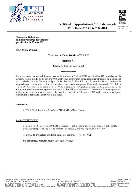 Certificat d'approbation C.E.E. de modèle n° F-04-G-297 du 6 ... - LNE