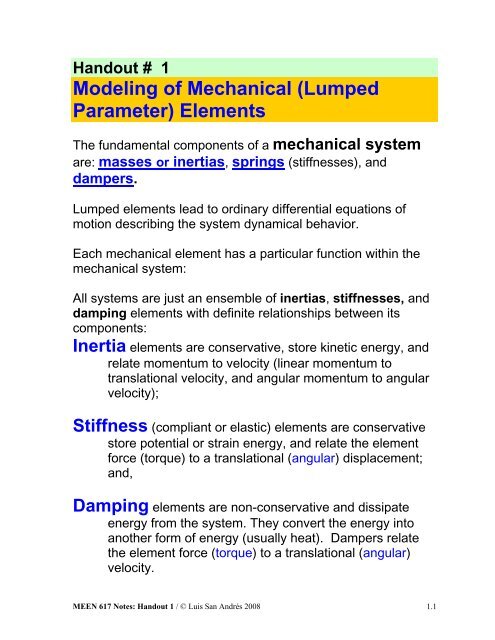 Modeling of Mechanical (Lumped Parameter) Elements