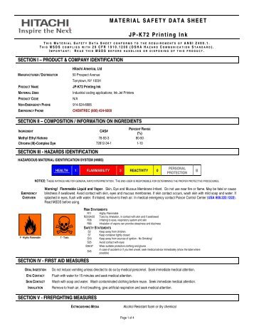 JP-K72 Printing Ink | Material Safety Data Sheet : Hitachi America, Ltd.