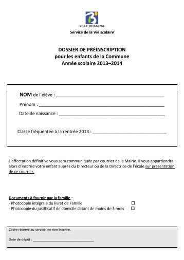 DOSSIER DE PRÃINSCRIPTION pour les enfants de la ... - Balma