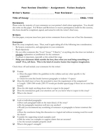 Peer Review Checklist ~ Assignment: Fiction Analysis Writer's Name ...