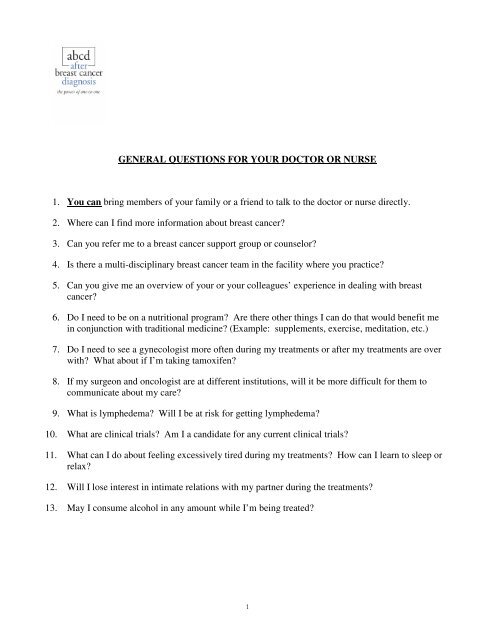 Questions To Ask Your Doctors Abcd After Breast Cancer